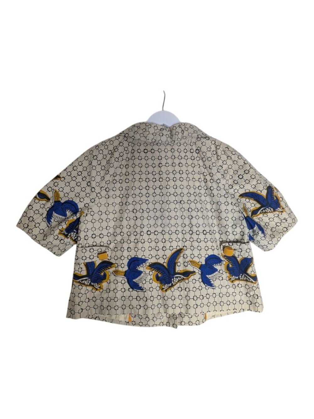 Taikonku Anthropologie Cirikli Bird Print Retro Cropped Jacket Size 8 Blue & Yel - Picture 3 of 11